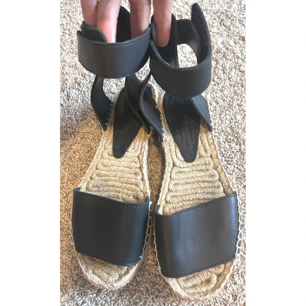 Vince Black Leather Ankle Strap Platform Espadrille Sandals Made in Spain 7M‎